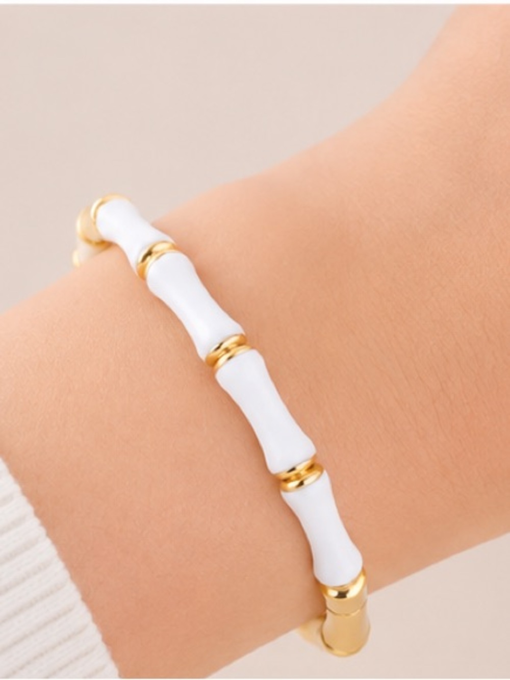 White Enamel Bamboo Inspired Bangle Bracelet Gold Tone